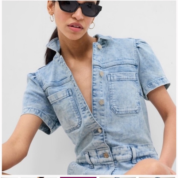 Gap Puff Sleeve Denim Romper With Washwell In Acid Wash Sz 8Tall - Picture 5 of 5